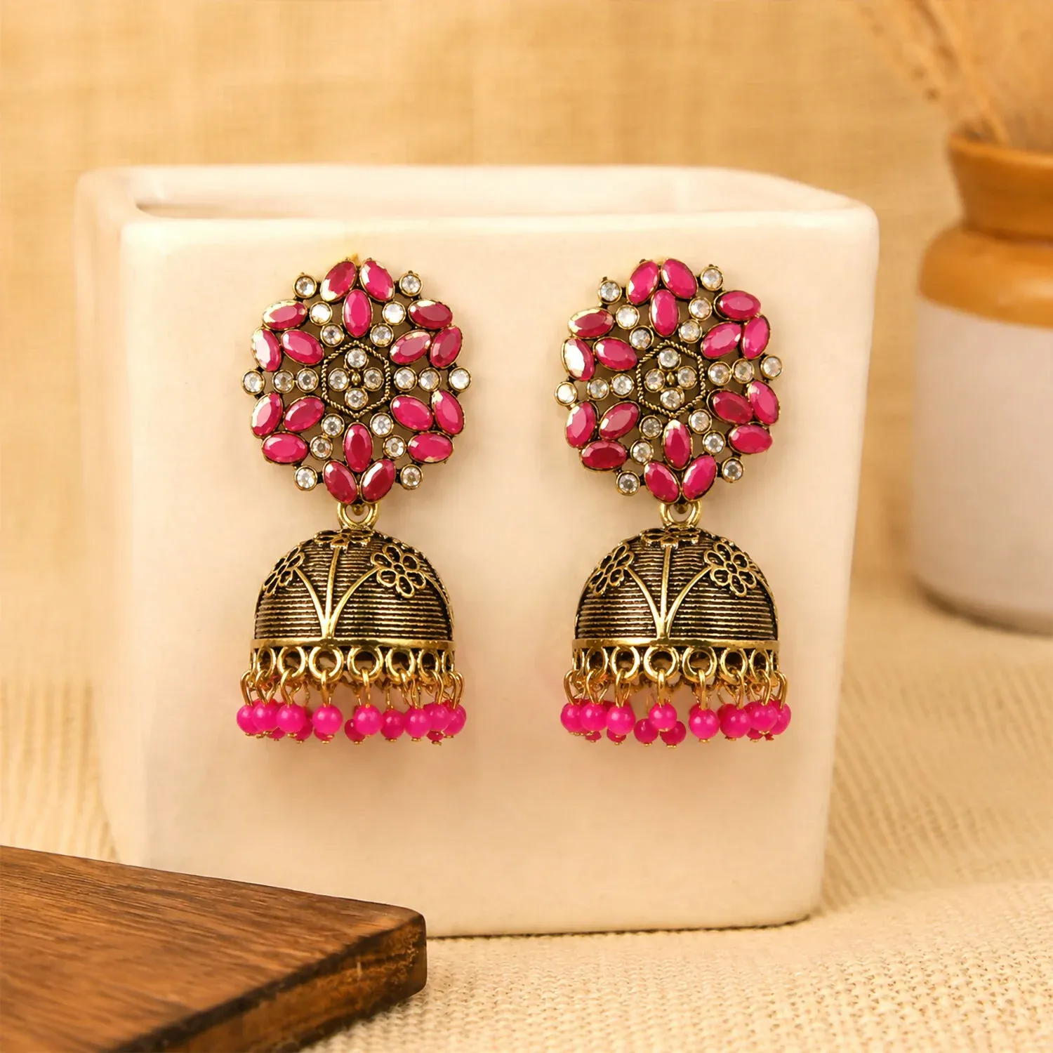 Antique Gold Jhumka Earrings with Pink Stone Floral Top - Detailed Feature View 3