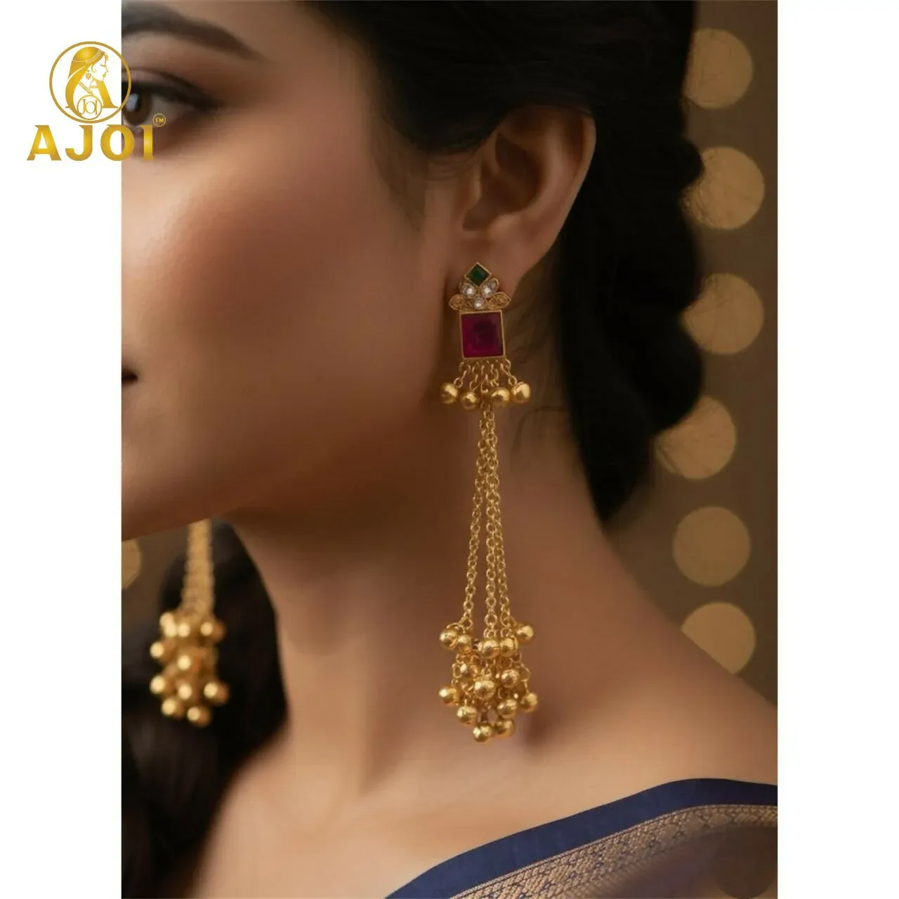 Pink Kashmiri Long Chain Ghungroo Earrings with Gold-Toned Chains - Detailed Feature View 1