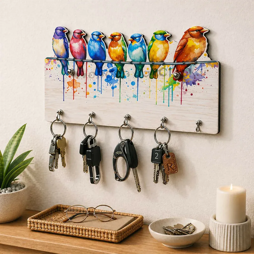 Premium Colorful Bird Design Wooden Key Holder – Vibrant & Functional Decor - Buy Online at Alikart
