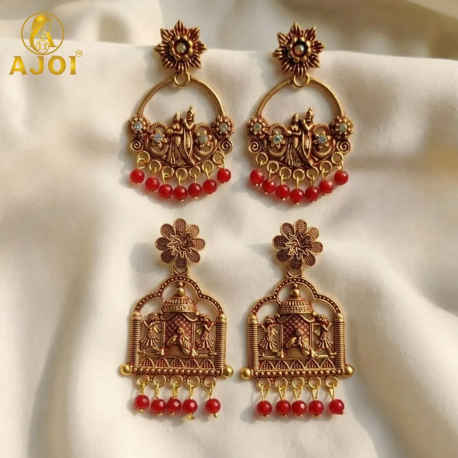 Premium Traditional Radha Krishna Temple Earrings with Red Beads – 2 Pairs - Buy Online at Alikart