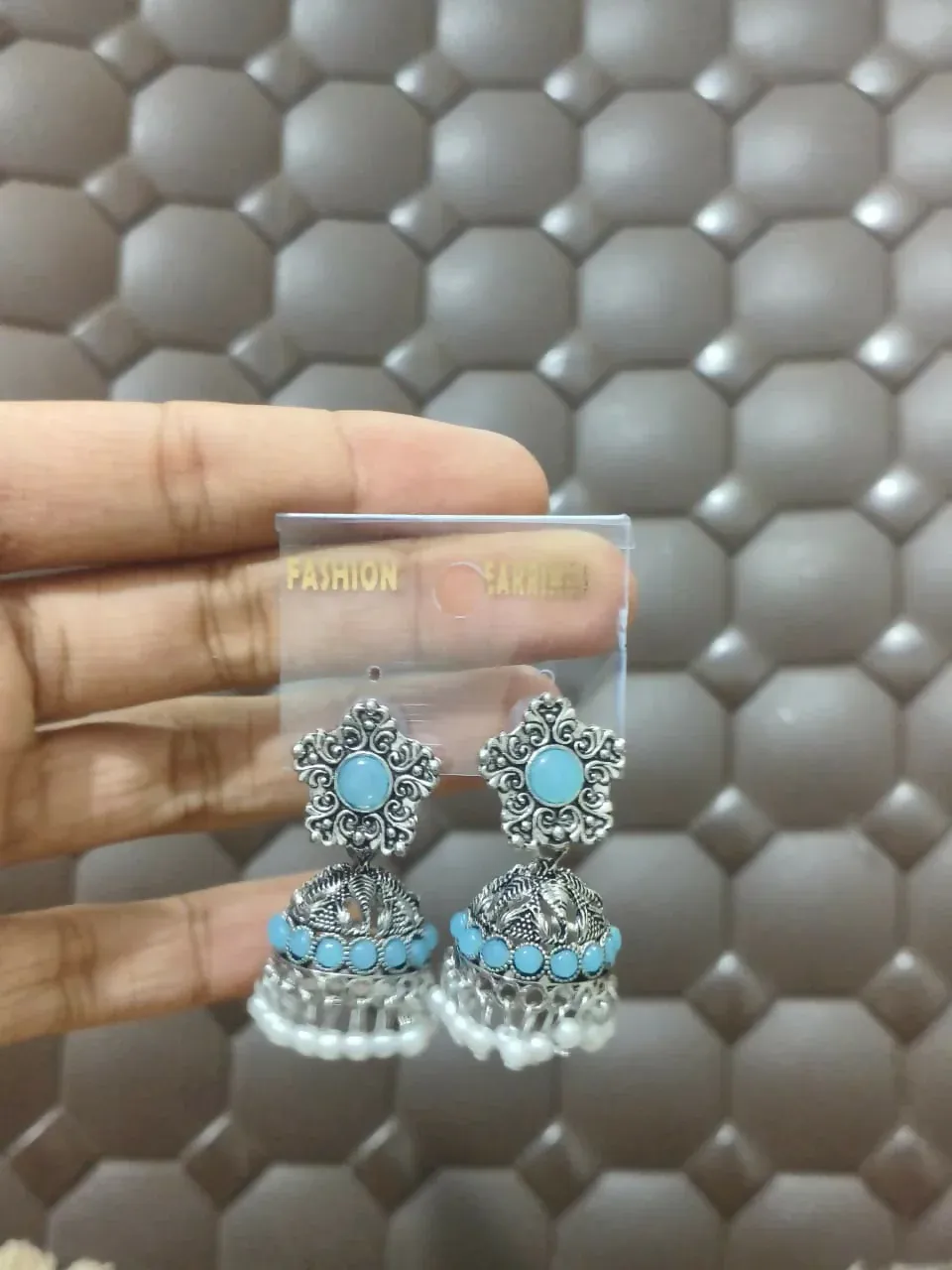 Silver Oxidized Light Blue Jhumka Earrings with Pearls - Detailed Feature View 4