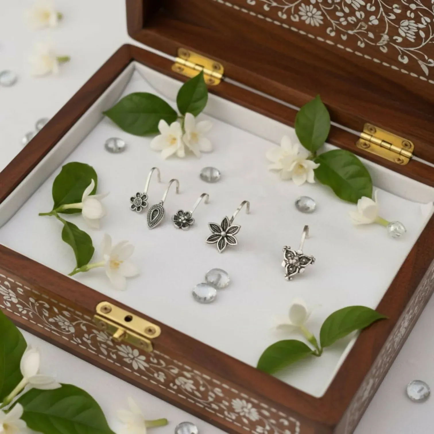 Oxidized Silver Traditional Floral Nose Pins Combo for Women & Girls (Pack of 5) - Detailed Feature View 4