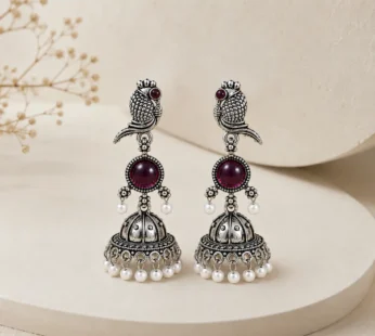 Royal Oxidised Silver Peacock Jhumka Earrings with Pearl Drops for Women