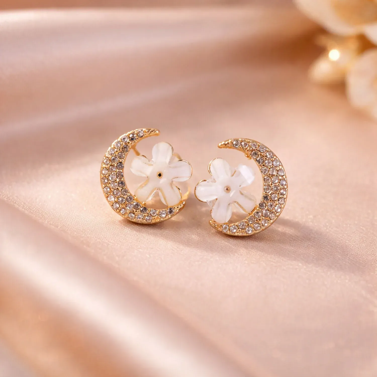 Elegant Gold Moon & Flower Crystal Stud Earrings for Women - Detailed Feature View 1
