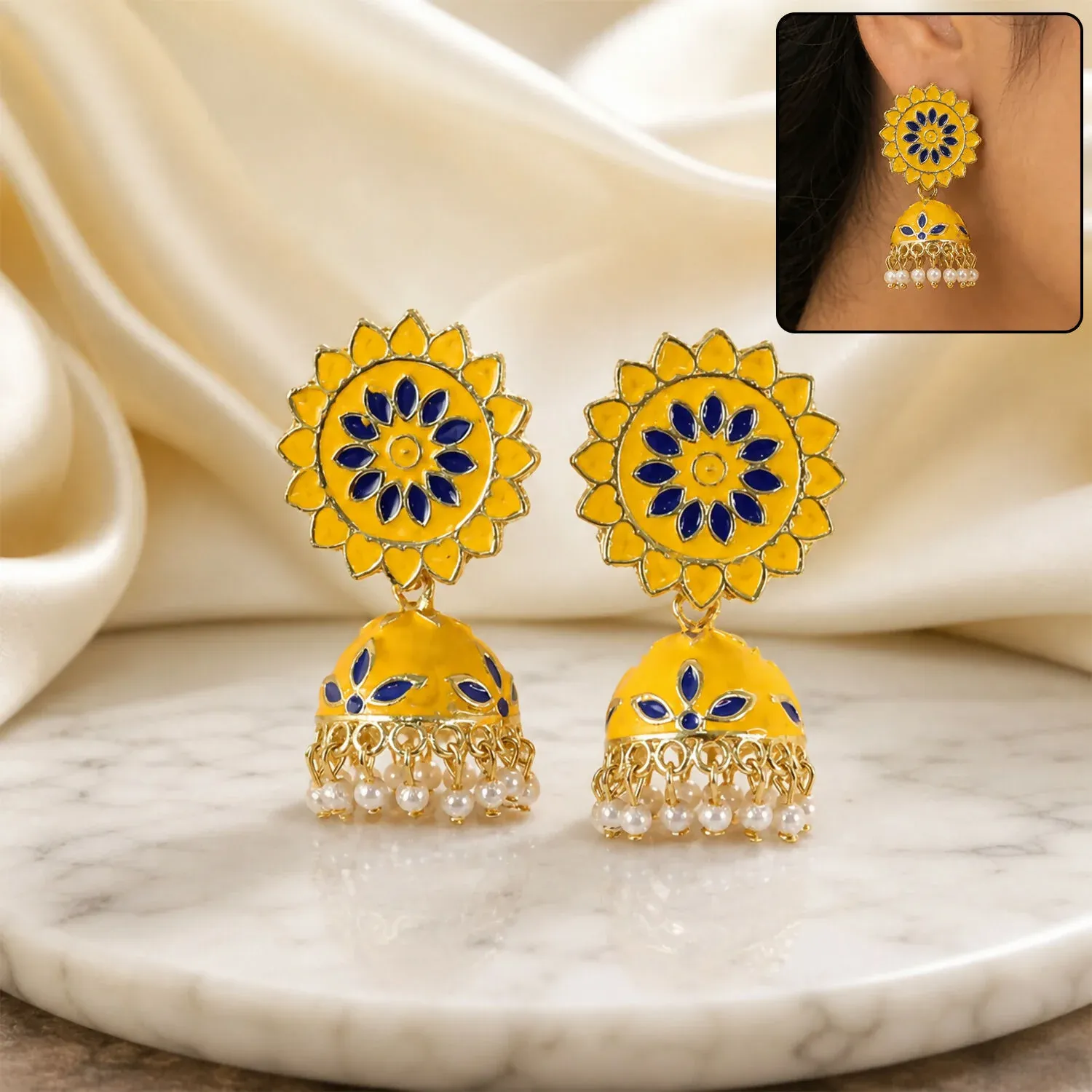 Premium Yellow and Blue Floral Enamel Jhumka Earrings with Pearl Drop Design - Buy Online at Alikart