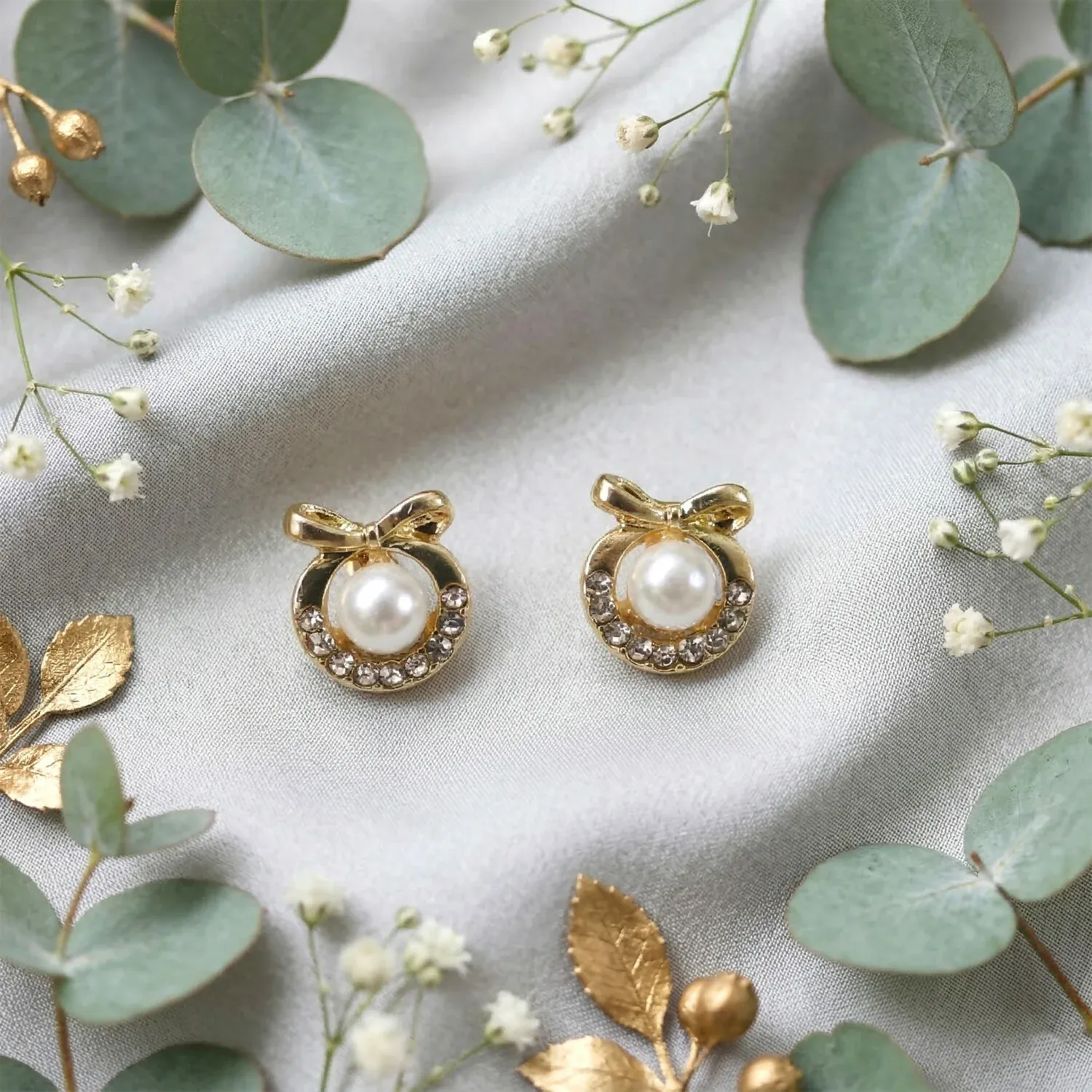Korean Royal Bow-Knot Crystal Halo Pearl Studs For Girls And Women - Detailed Feature View 1