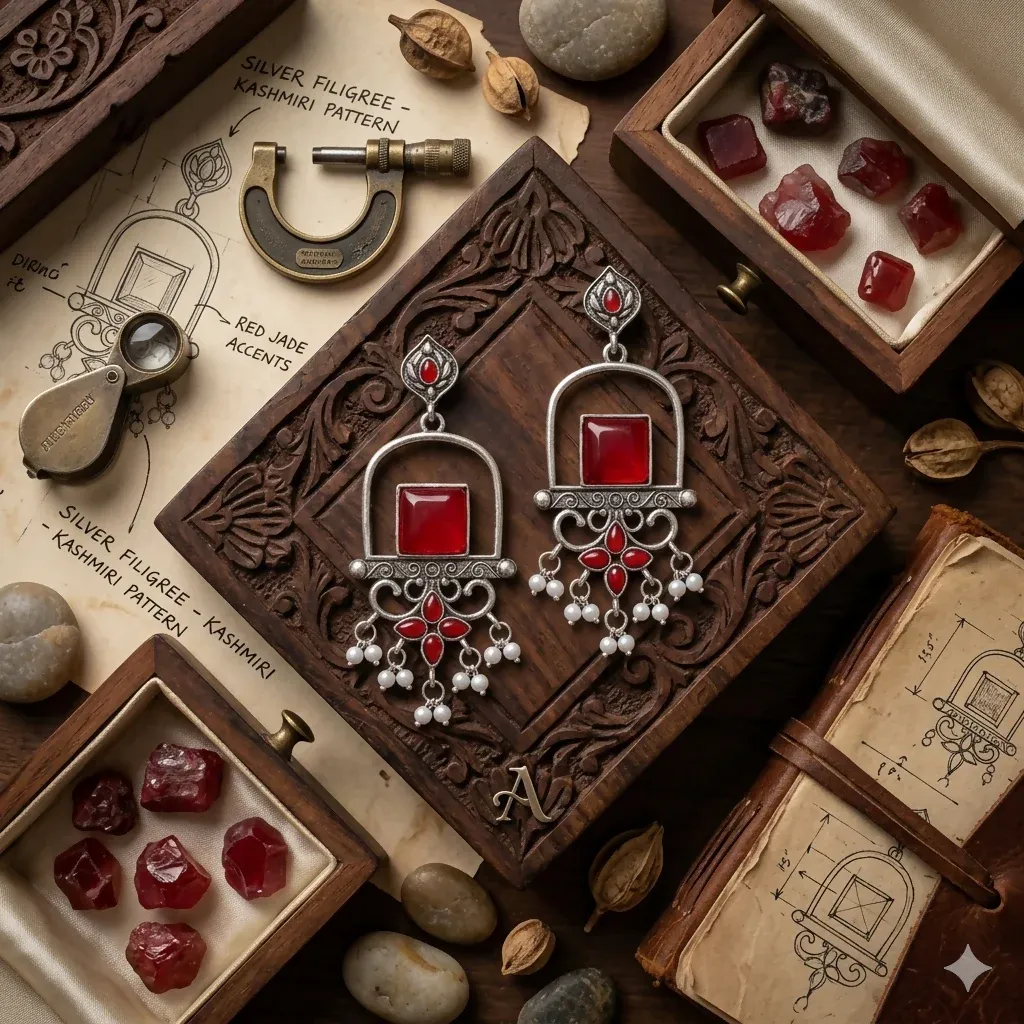 Elegant Red Stone Oxidized Silver Pearl Drop Chandelier Earrings - Detailed Feature View 3