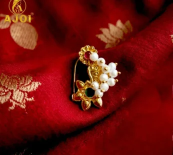 Antique Gold Traditional Maharashtrian Nath Nose Pin with Pearls, Bridal Wedding Wear