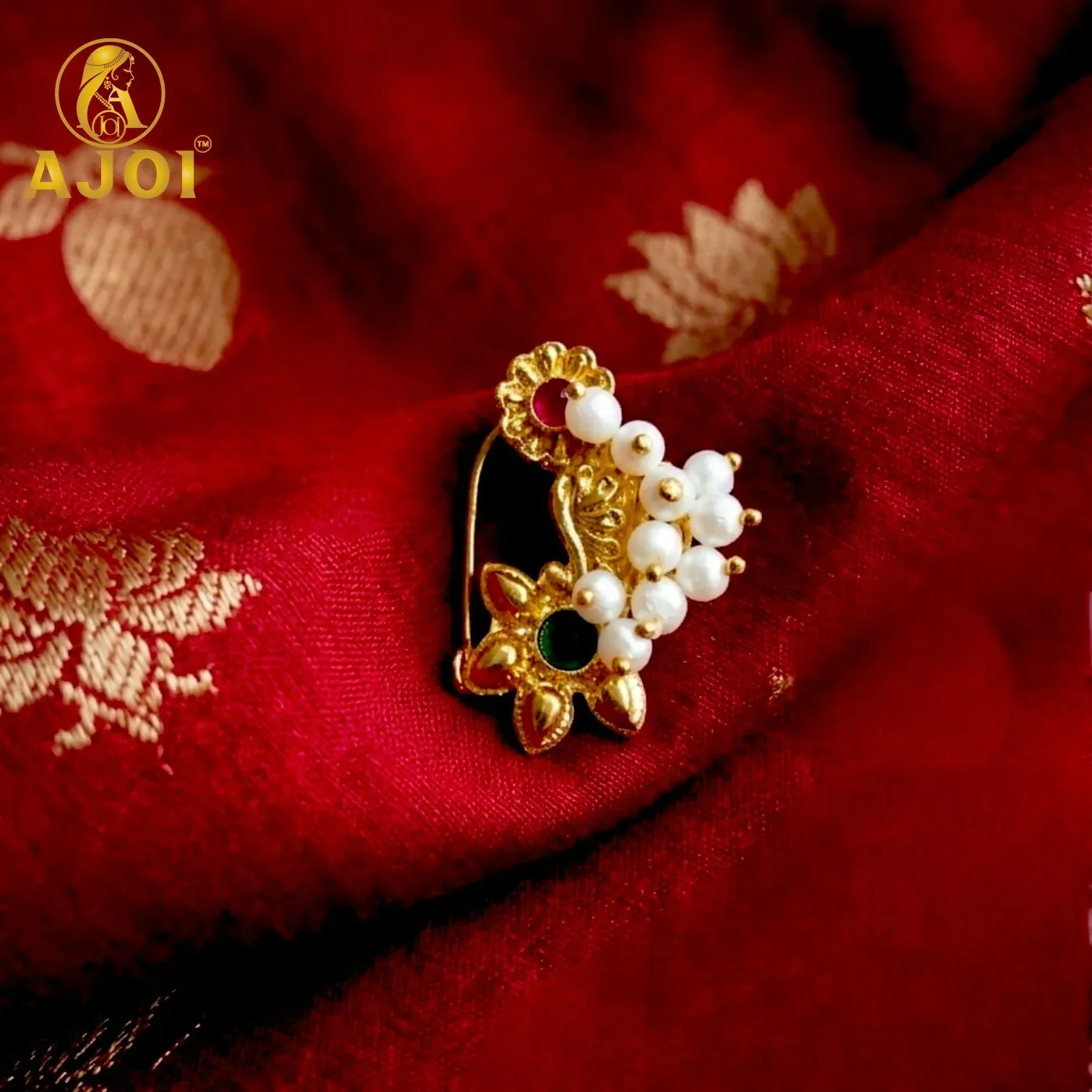 Premium Antique Gold Traditional Maharashtrian Nath Nose Pin with Pearls, Bridal Wedding Wear - Buy Online at Alikart