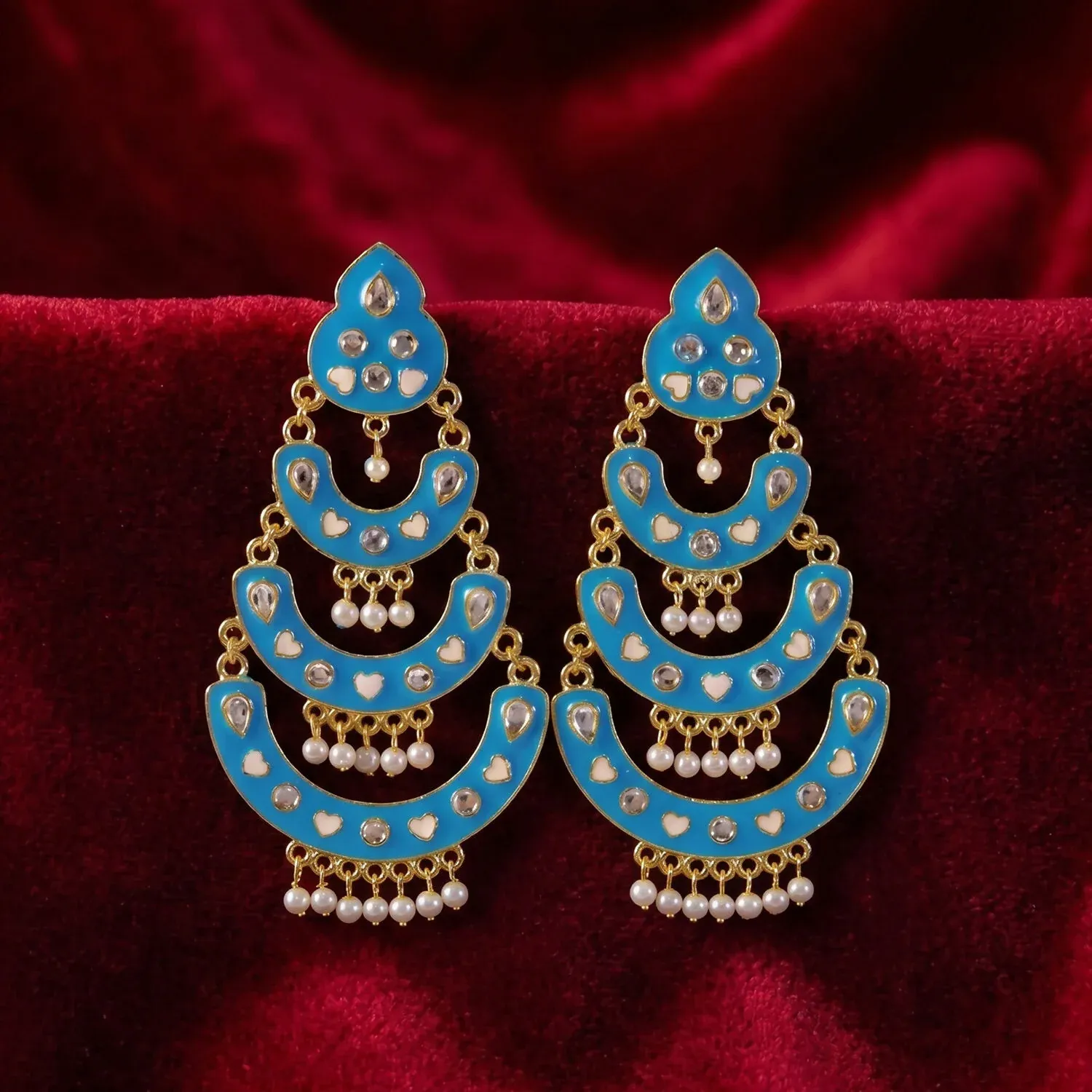 Sky Blue Layered Chandbali Earrings with Pearl Hanging for Women - Detailed Feature View 1