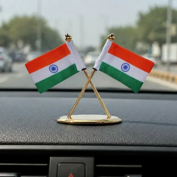 Premium Metal Dual Indian Flag Stand for Car Dashboard & Desk Decor
