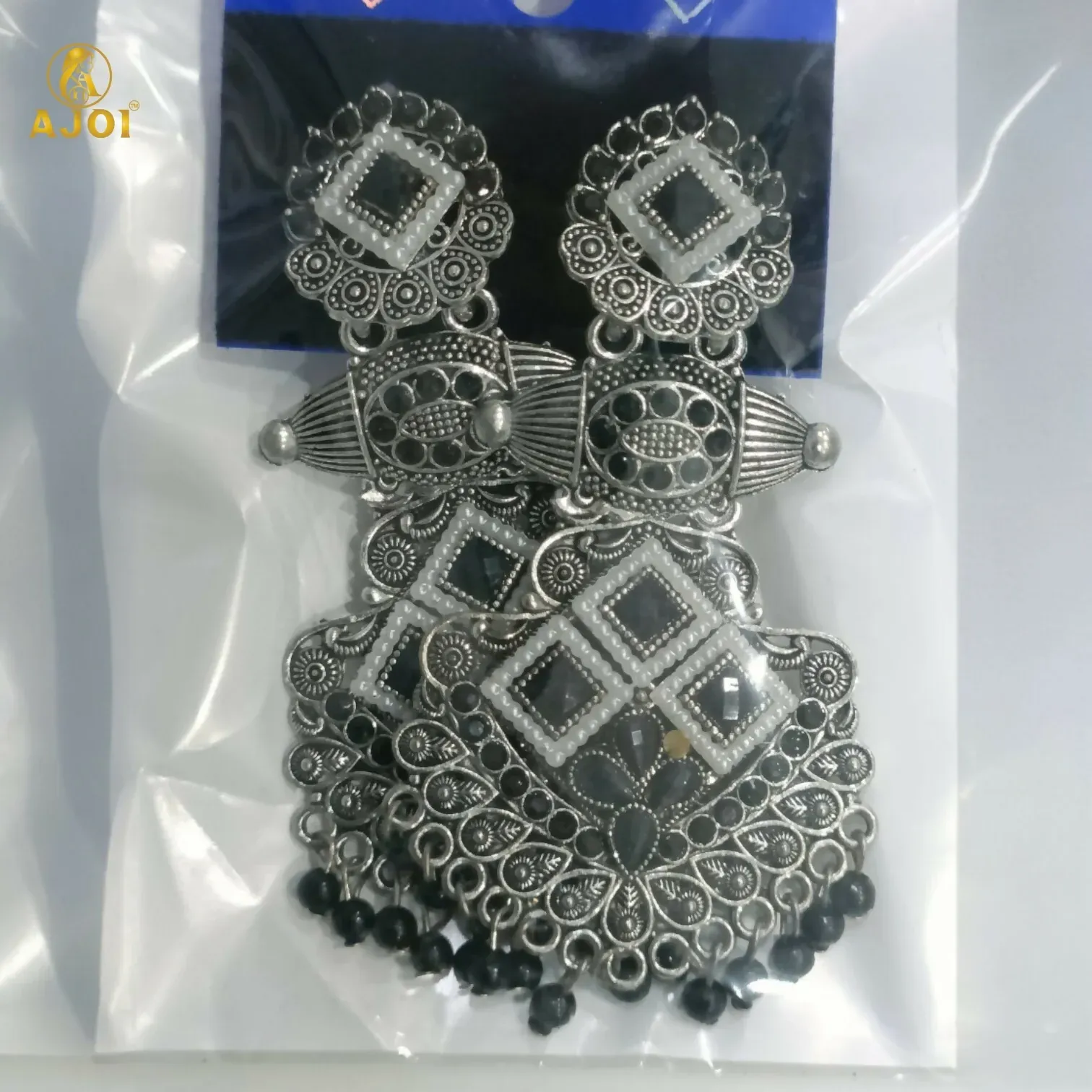 Oxidized Silver Black Stone Chandbali Earrings for Women - Detailed Feature View 4