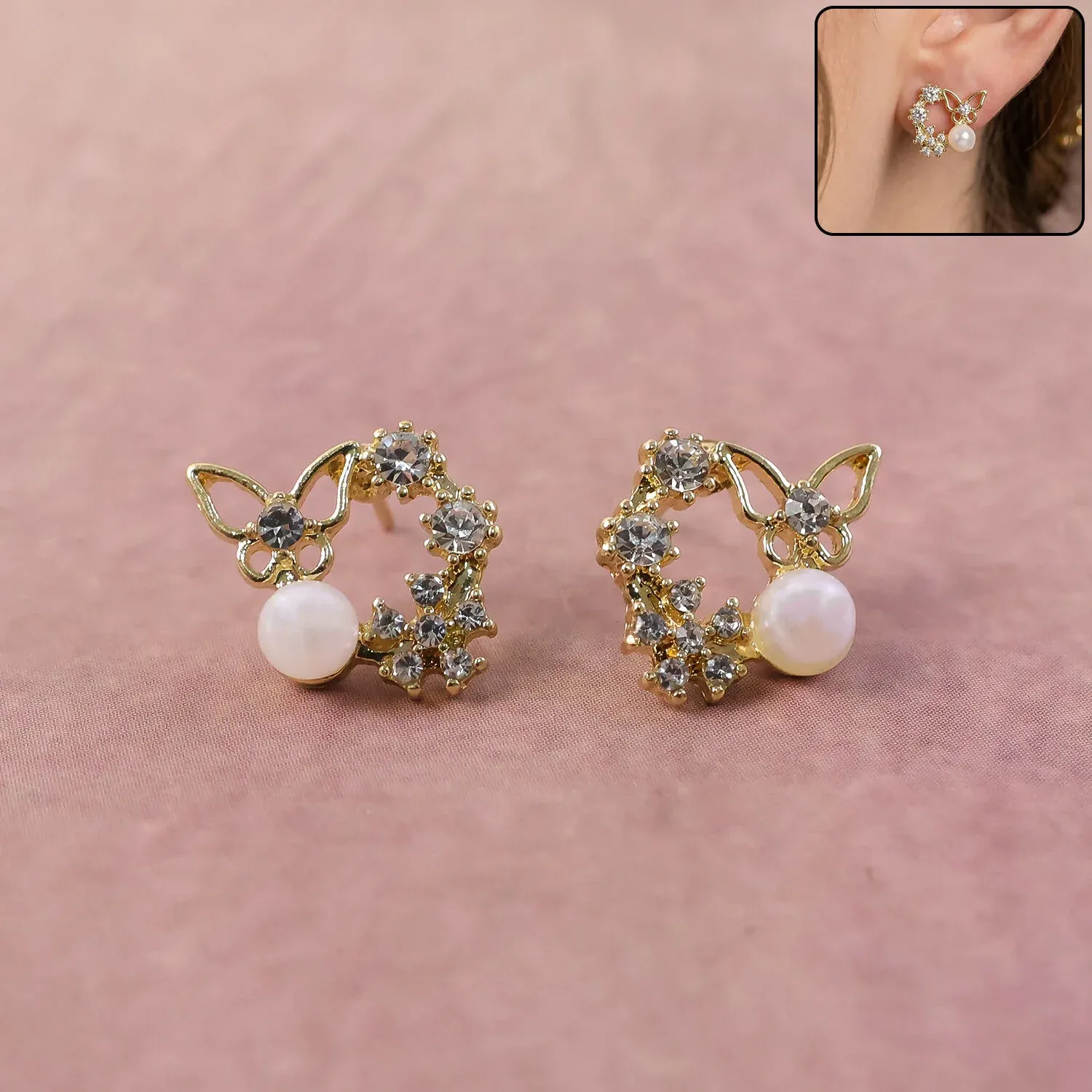 Premium Butterfly Pearl Crystal Stud Earrings for Women & Girls - Buy Online at Alikart
