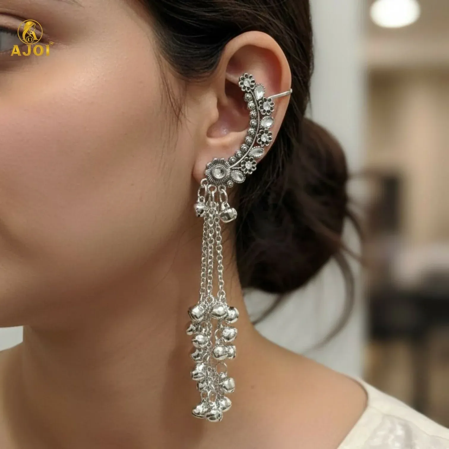Kasmiri Silver Oxidised Chandbali Jhumka Earrings with Ghungroo Dangles - Detailed Feature View 2