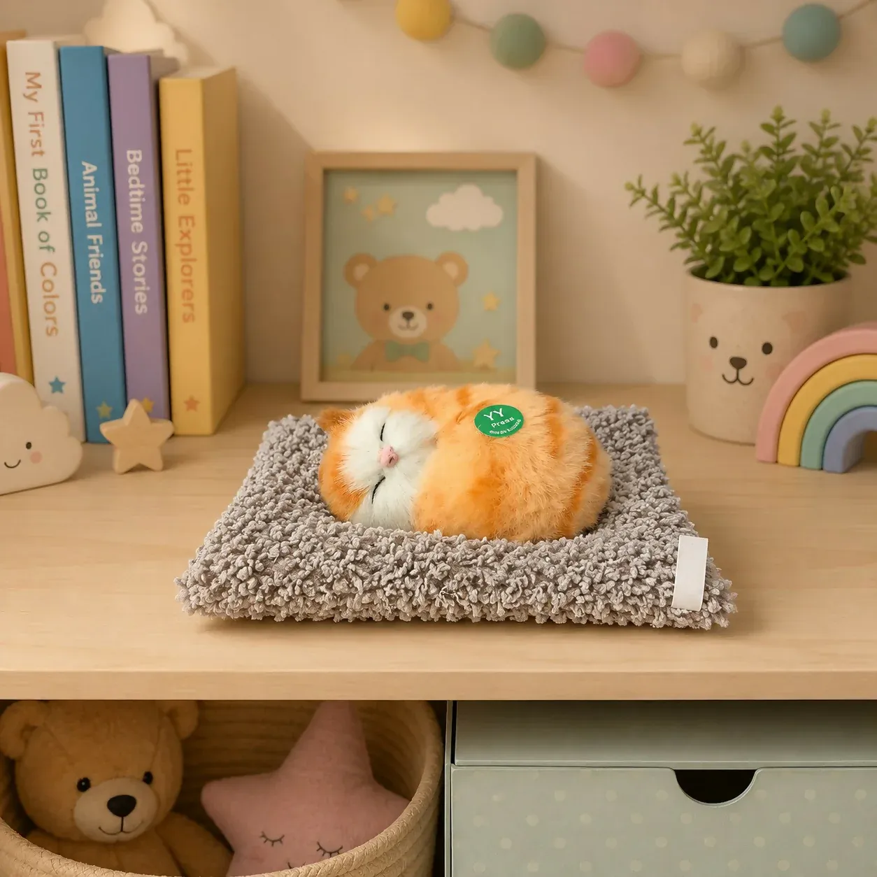 Sleeping Orange Cat Plush Toy with Cushion for Dashboard Decor - Detailed Feature View 1