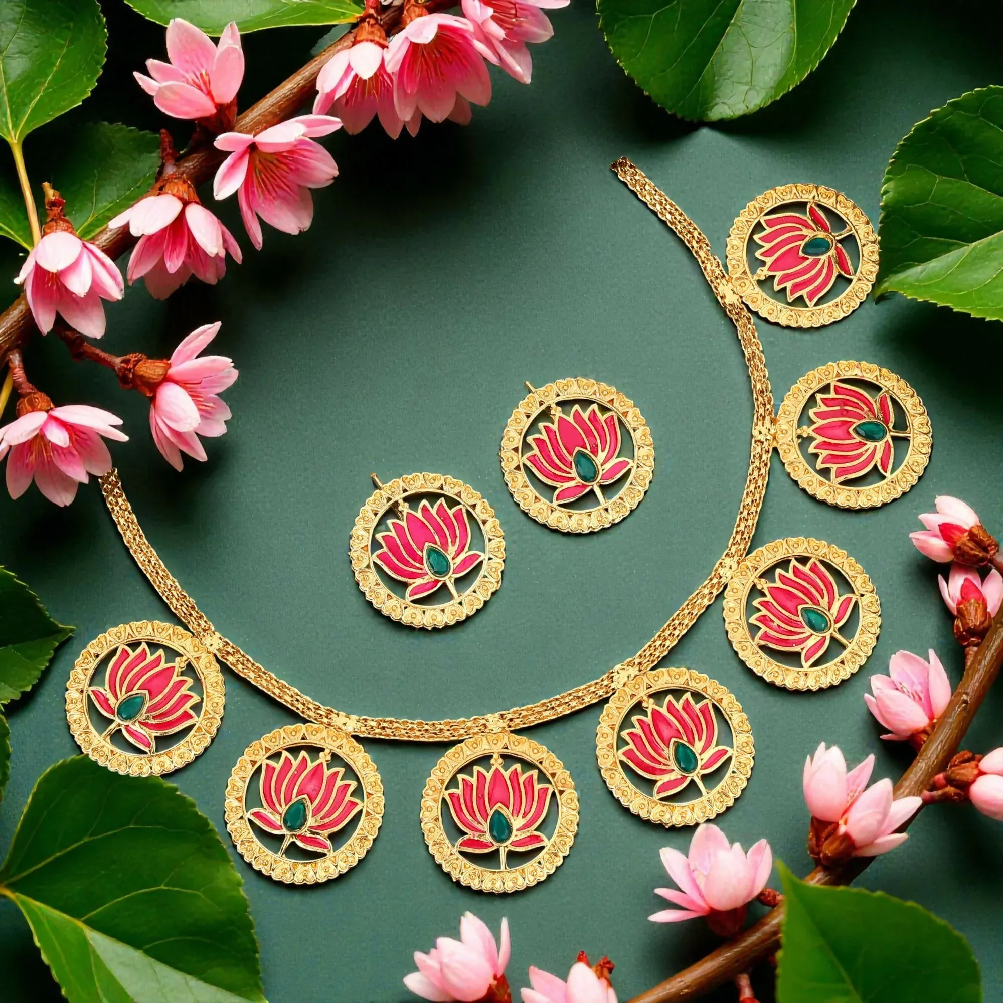 Bold Gold-Tone Green-Pink Crystal & Pearl Choker Set - Detailed Feature View 2