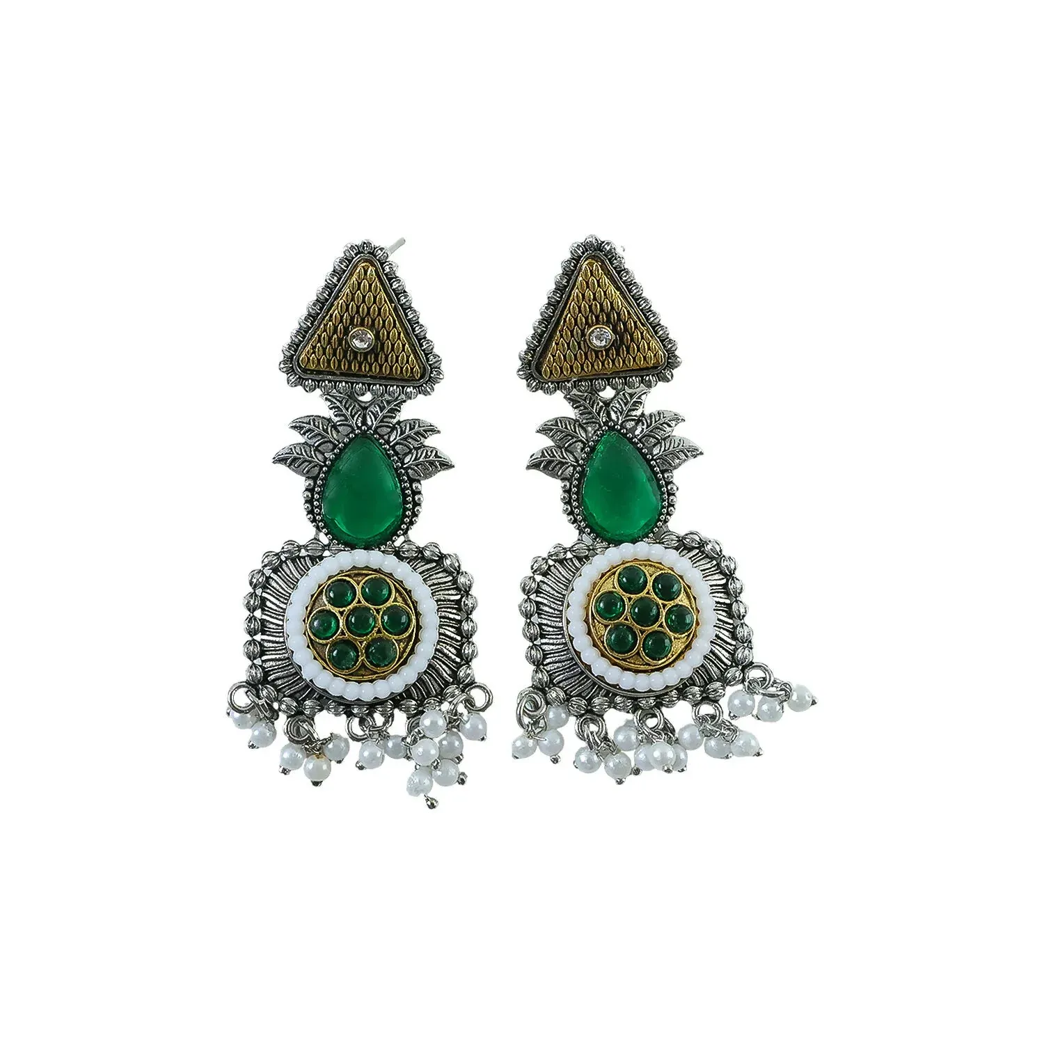 Elegant Oxidized Silver Earrings with Green Stone & Pearl Drop Fringe - Detailed Feature View 4