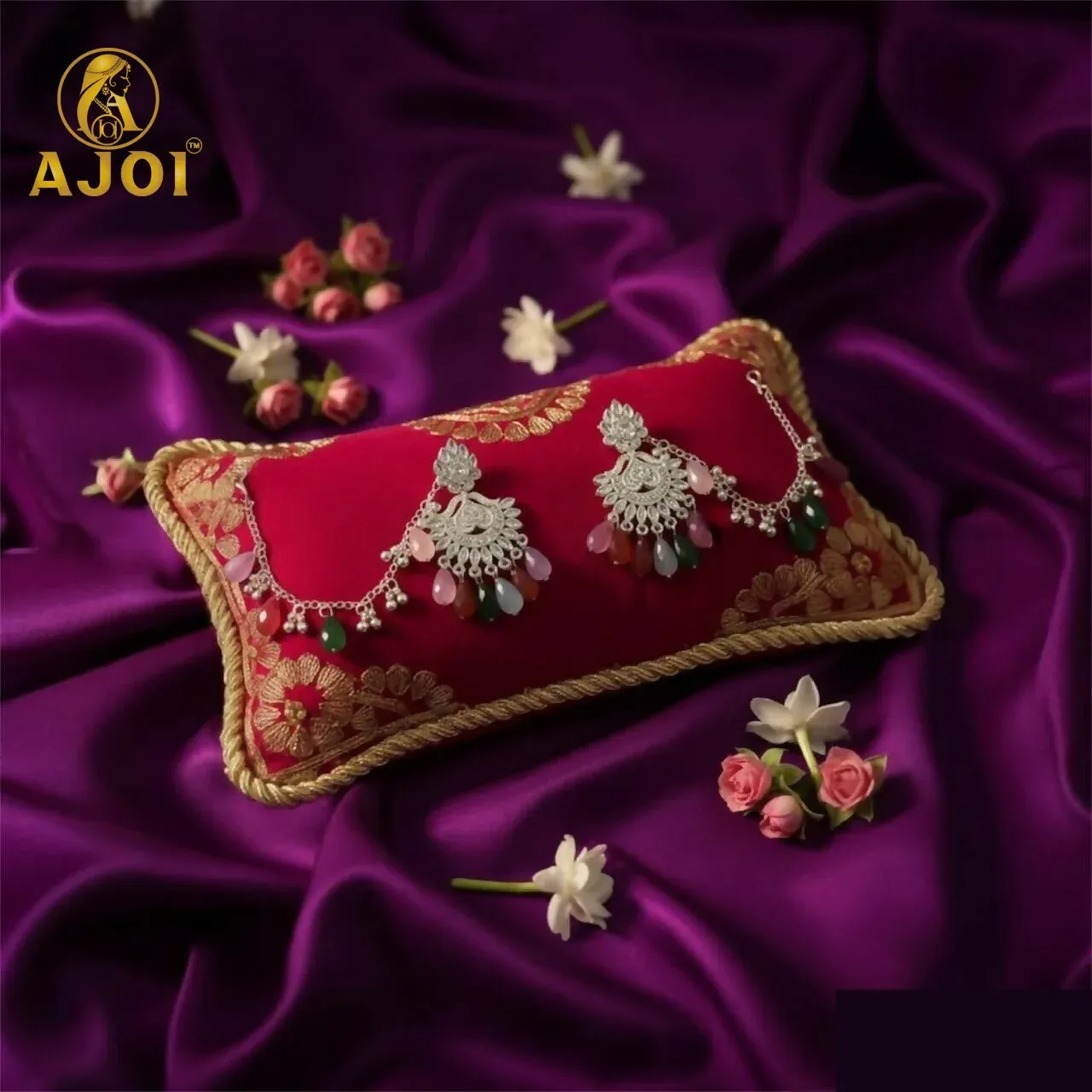 Premium Royal Silver-Plated Kansar Earrings with Multicolor Beads & Floral Design - Buy Online at Alikart