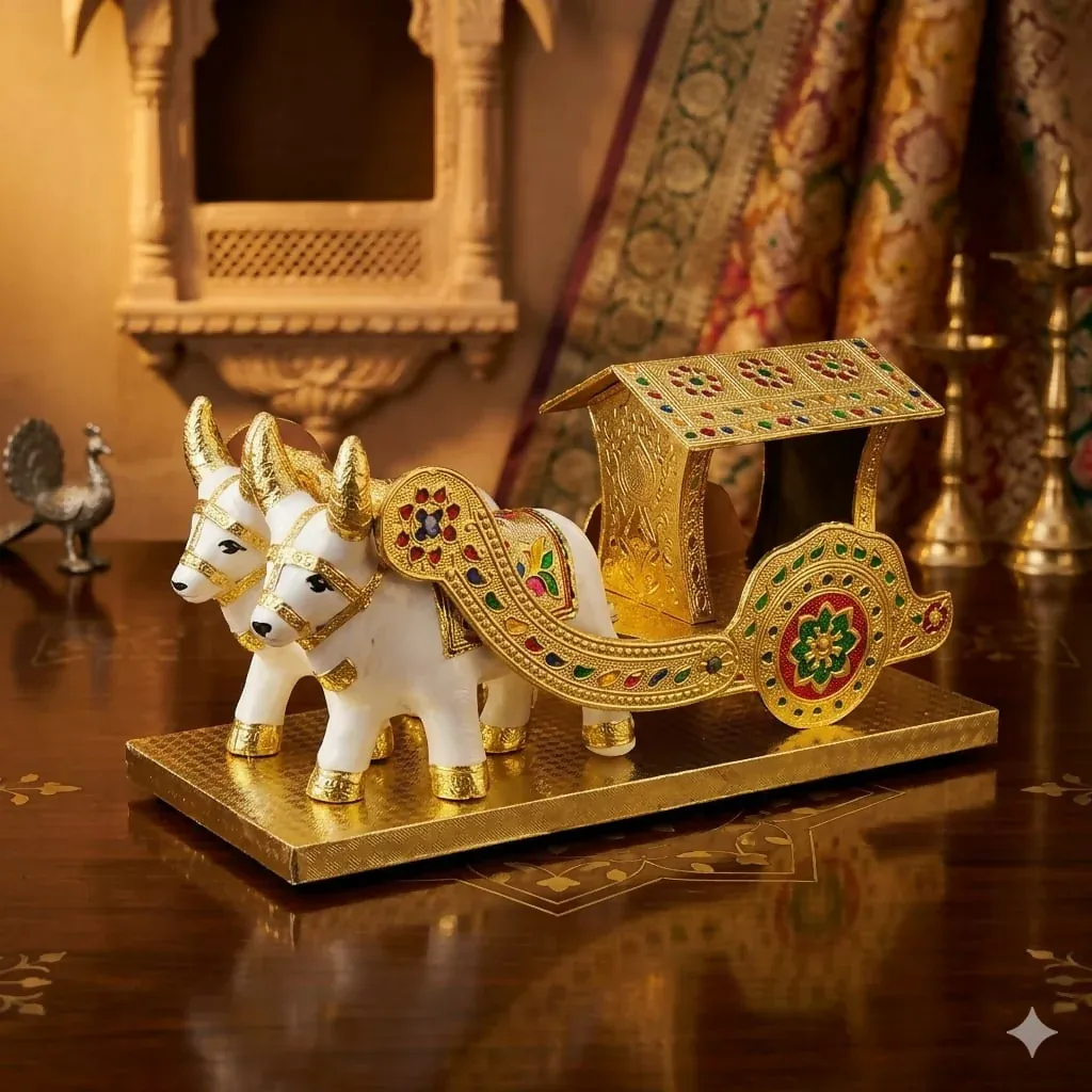 Gold-Plated Meenakari Bullock Cart Showpiece with Wooden Base - Detailed Feature View 5