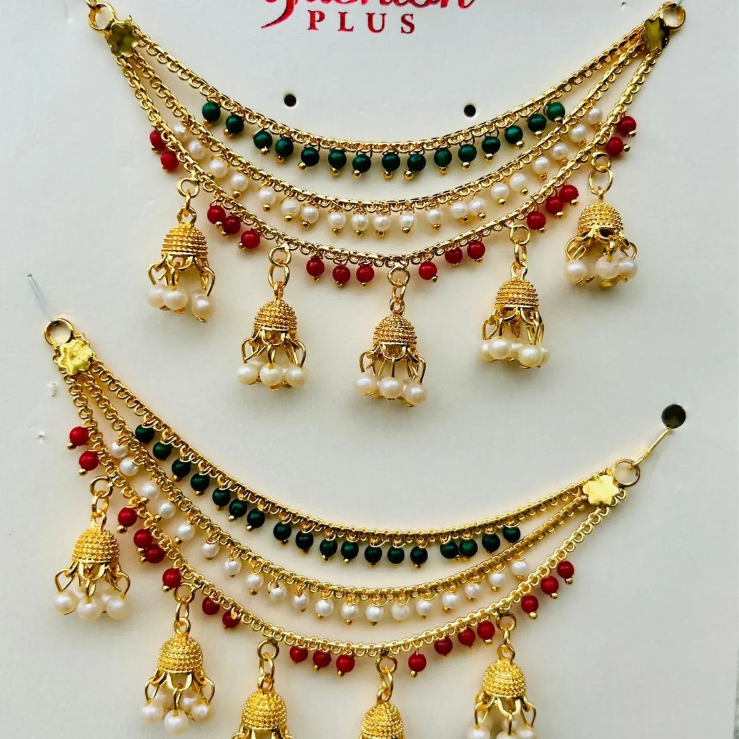 Traditional Gold Finish Tricolor Pearl Jhumki Designer Kanchain for Women - Detailed Feature View 3