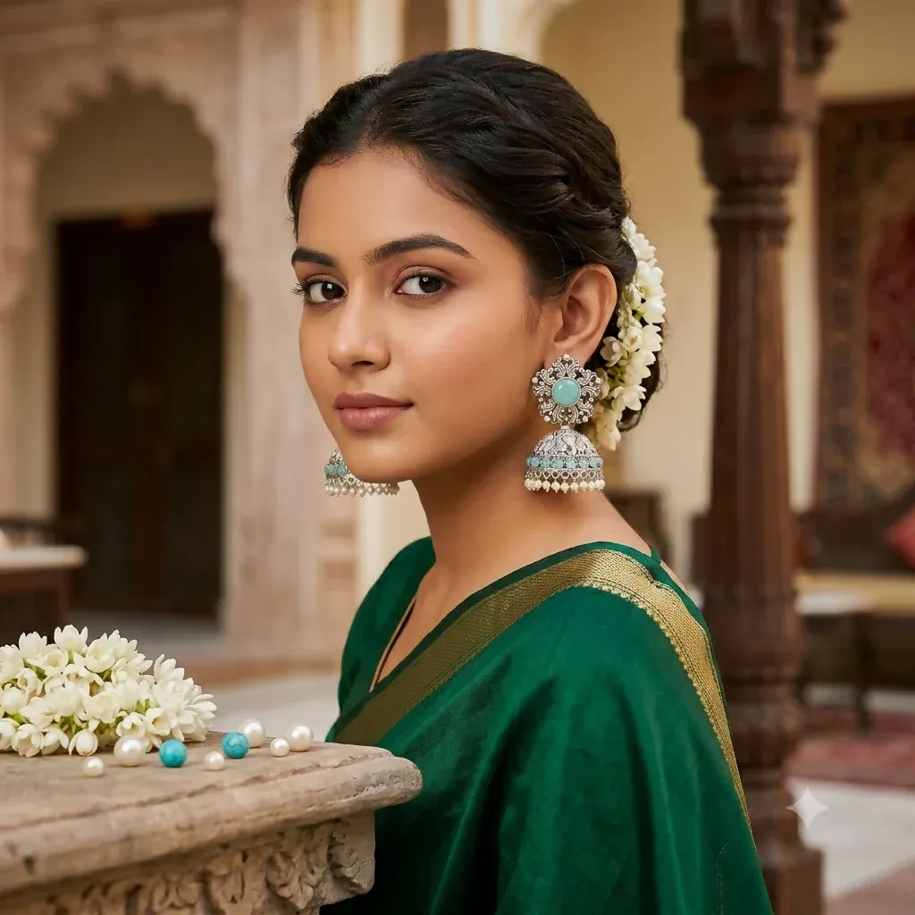 Silver Oxidized Light Blue Jhumka Earrings with Pearls - Detailed Feature View 1
