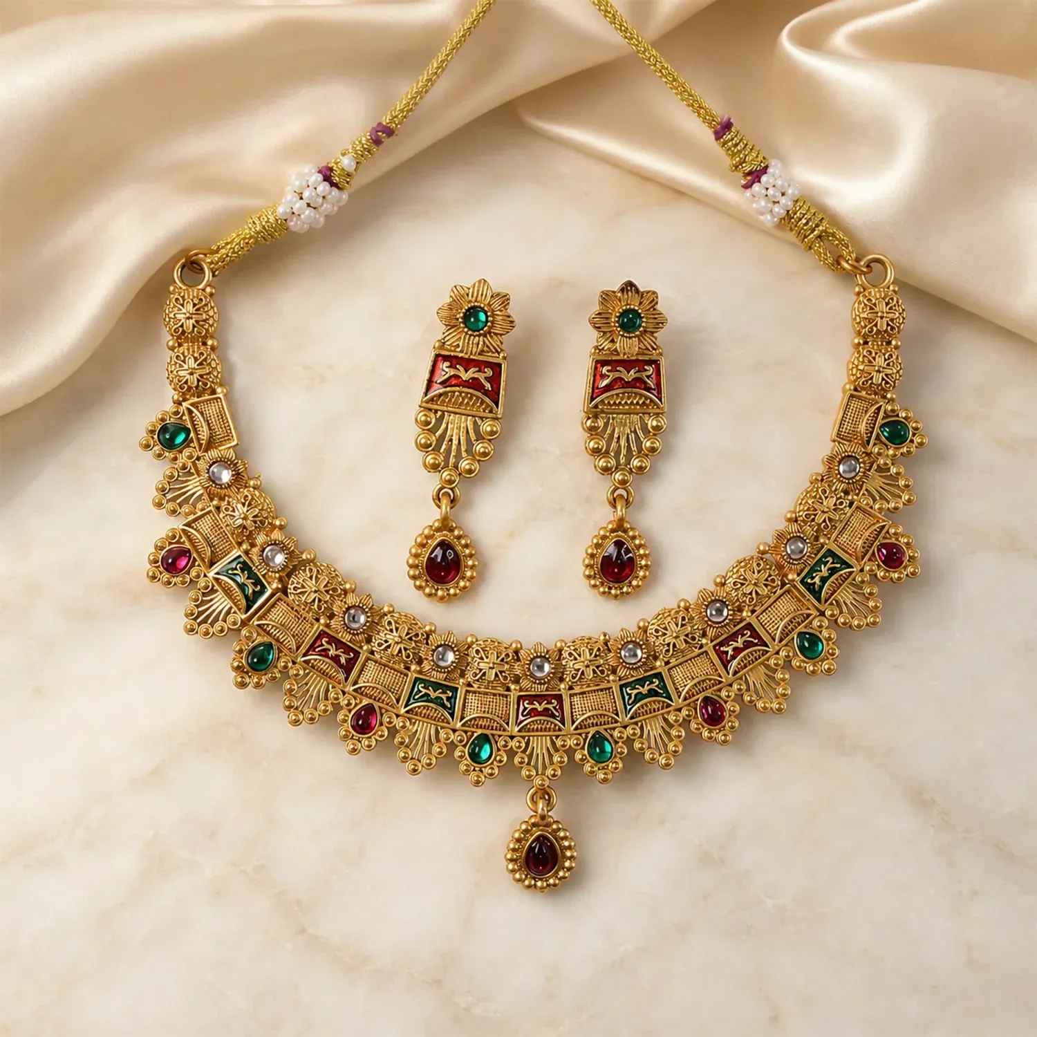 Rajwadi Mayura Antique Gold Kundan Meenakari Choker Necklace Set with Drop Earrings - Detailed Feature View 2