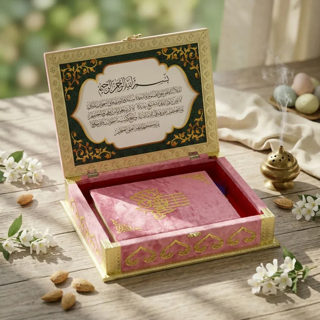 Luxury Velvet Quran Box with Folding Rehal and Golden Calligraphy - Detailed Feature View 2