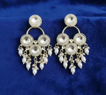 White Kundan & Pearl Drop Traditional Chandbali Earrings