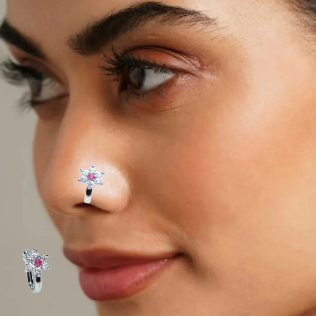 Premium Non-Piercing AD Nose Clip Set - Flower & Gold Pave Hoop - Buy Online at Alikart