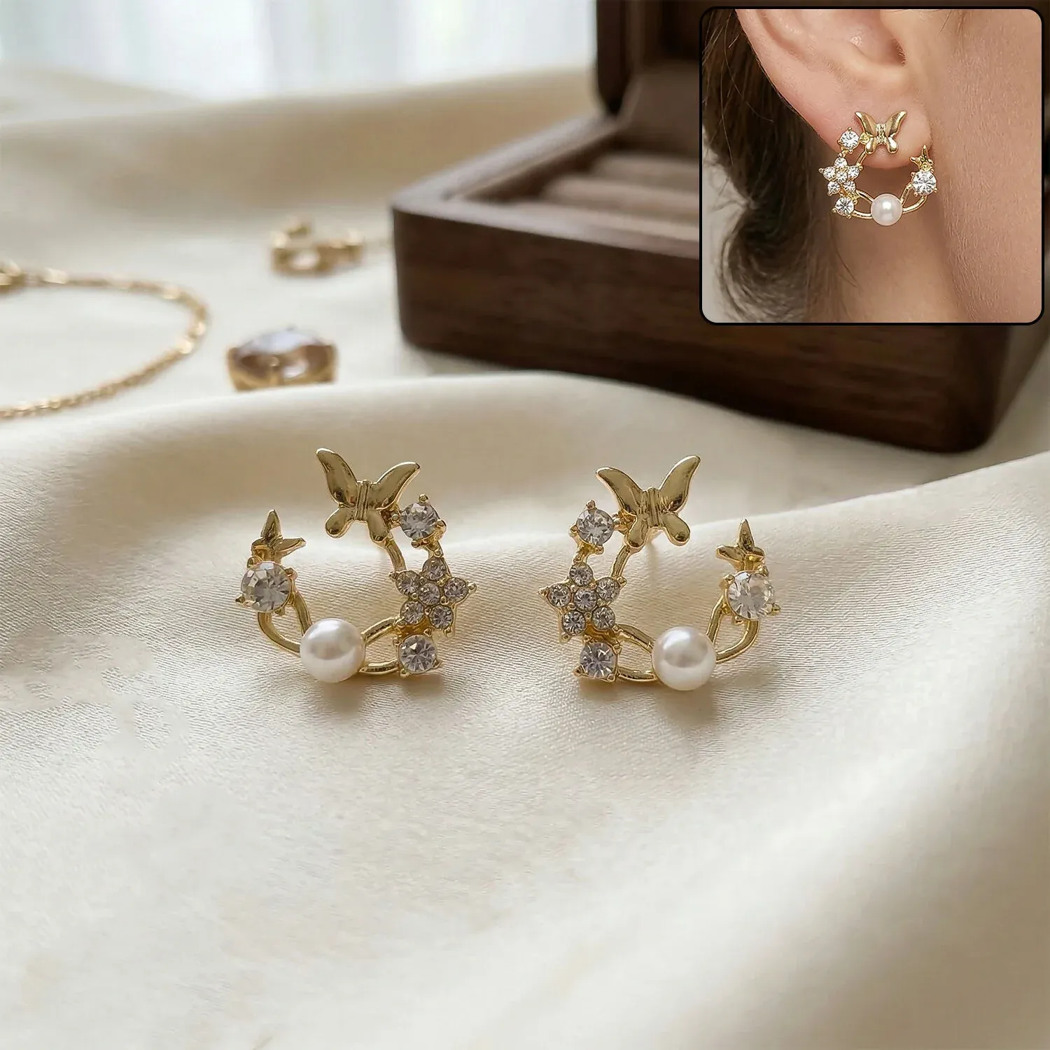 Premium Korean Butterfly & Floral Pearl Wreath Stud Earrings for Women - Buy Online at Alikart