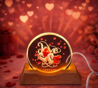 Love Double Heart Acrylic LED Lamp with Wooden Base – Romantic Gift