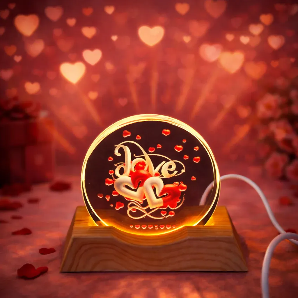 Premium Love Double Heart Acrylic LED Lamp with Wooden Base - Romantic Gift - Buy Online at Alikart