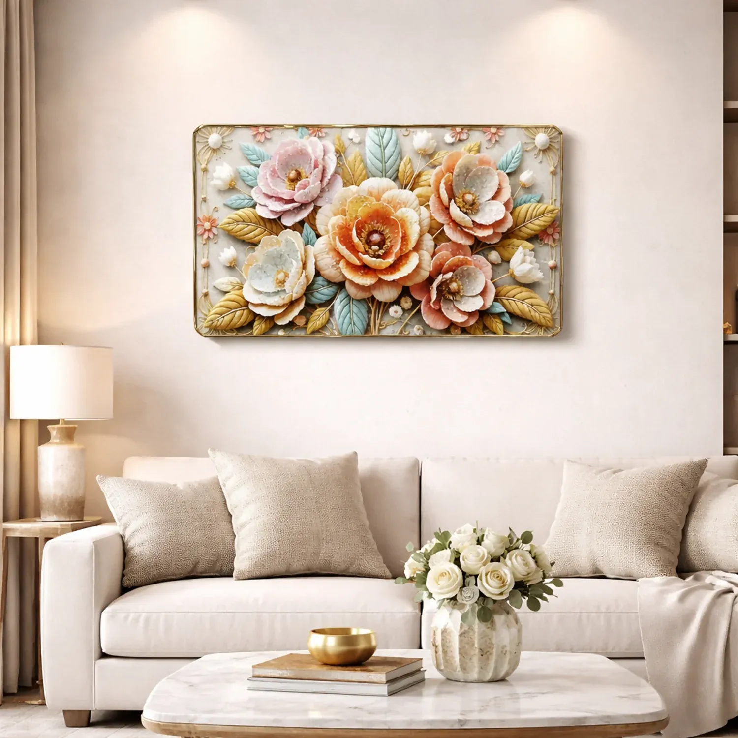 Premium 3D Floral Wall Art Panel – Luxury Golden Frame Home Decor - Detailed Feature View 5