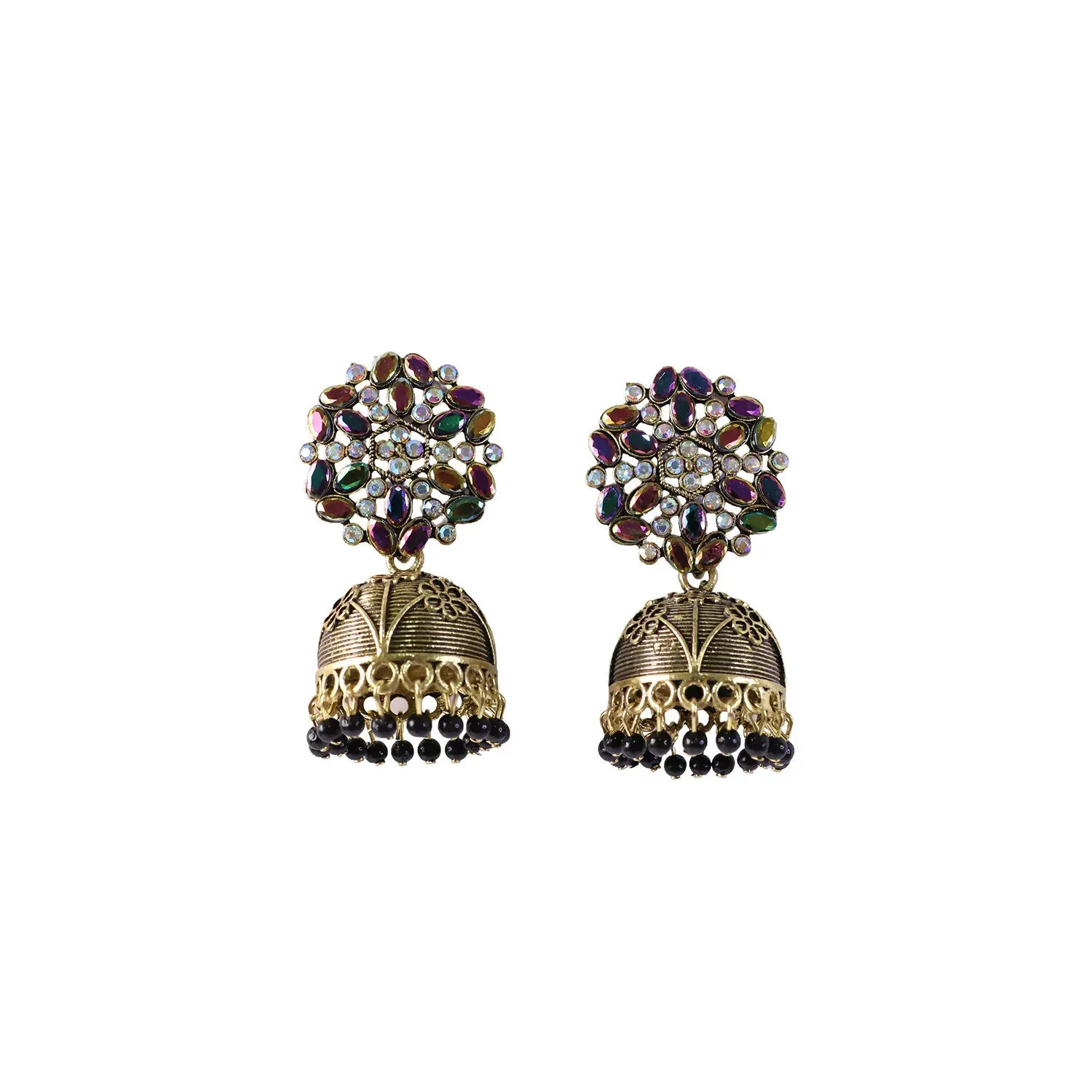 Antique Golden Jhumka Earrings with Black Stone Floral Top - Detailed Feature View 4