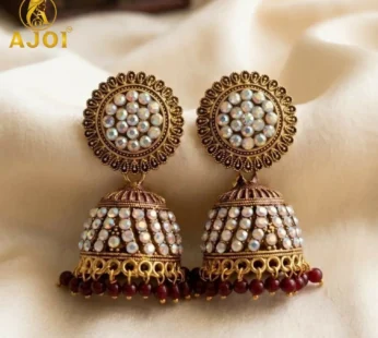 Antique Gold Pearl Jhumka Earrings with Maroon Ethnic Design