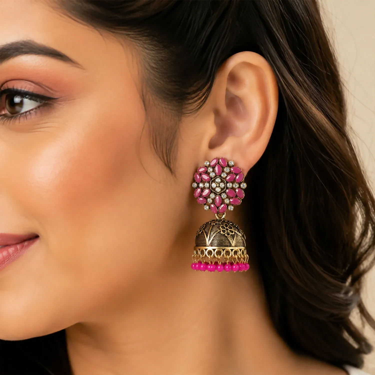 Antique Gold Jhumka Earrings with Pink Stone Floral Top - Detailed Feature View 2
