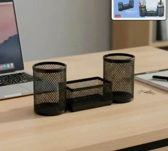Dual Desk Mesh Pen Stand with 2 Pencil Holders & Storage Tray
