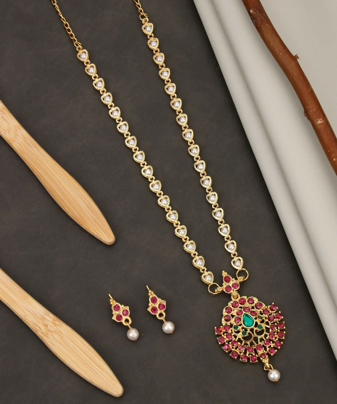 Premium Gold-Tone Green-Pink & Crystal Flower Choker with Pearl Drops - Buy Online at Alikart