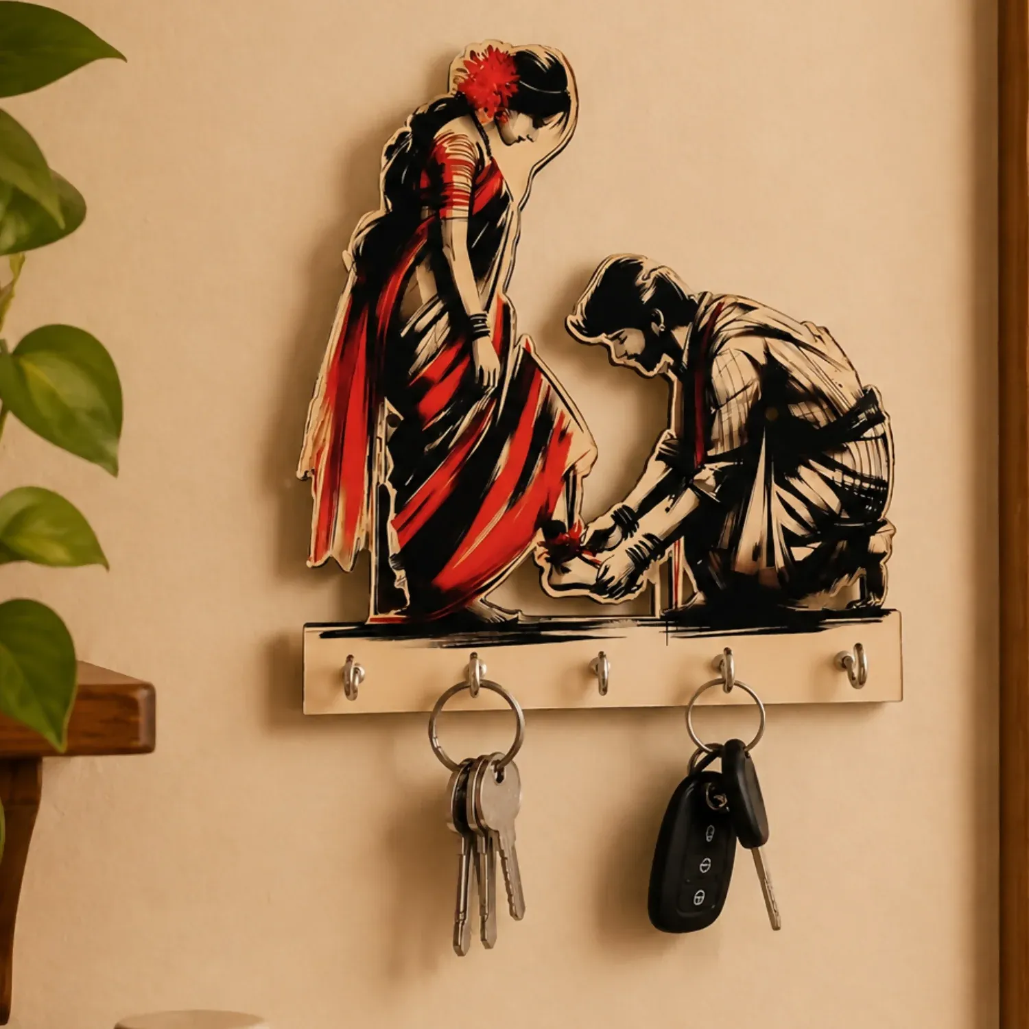 Premium Couple Design Wooden Key Holder Wall Mount - Buy Online at Alikart