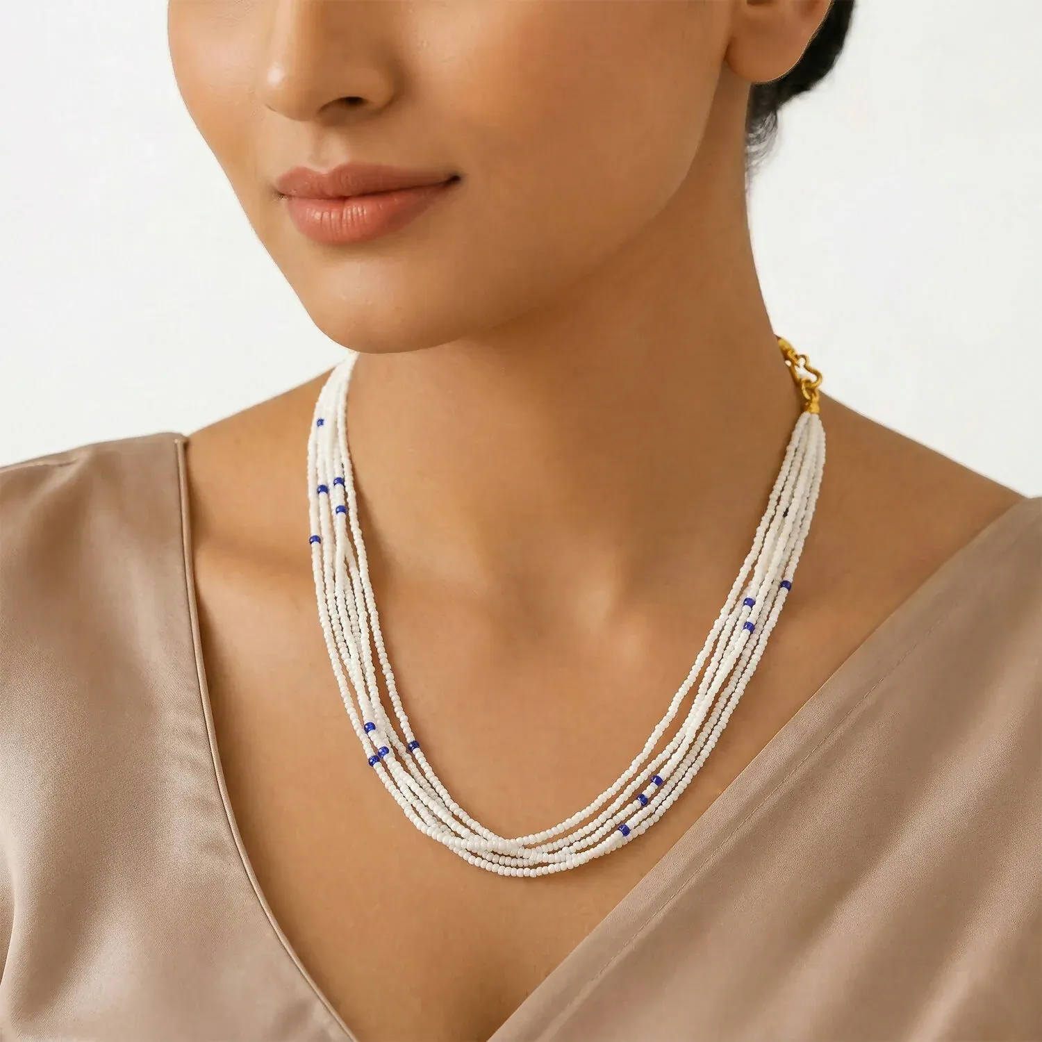 Multi-Layer Pearl Mala Necklace with Blue Accents – Elegant Jewellery - Detailed Feature View 2