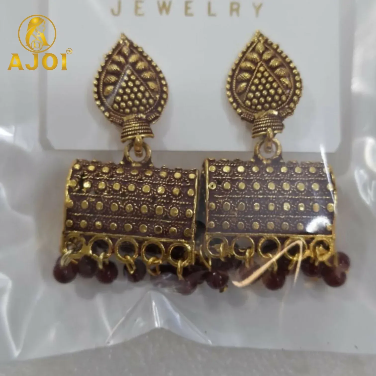 Antique Gold-Plated Leaf Design Jhumka Earrings with Blue Beads - Detailed Feature View 3