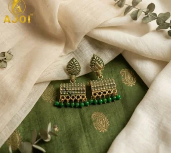 Antique Gold-Plated Leaf Design Jhumka Earrings with Green Bead Drops