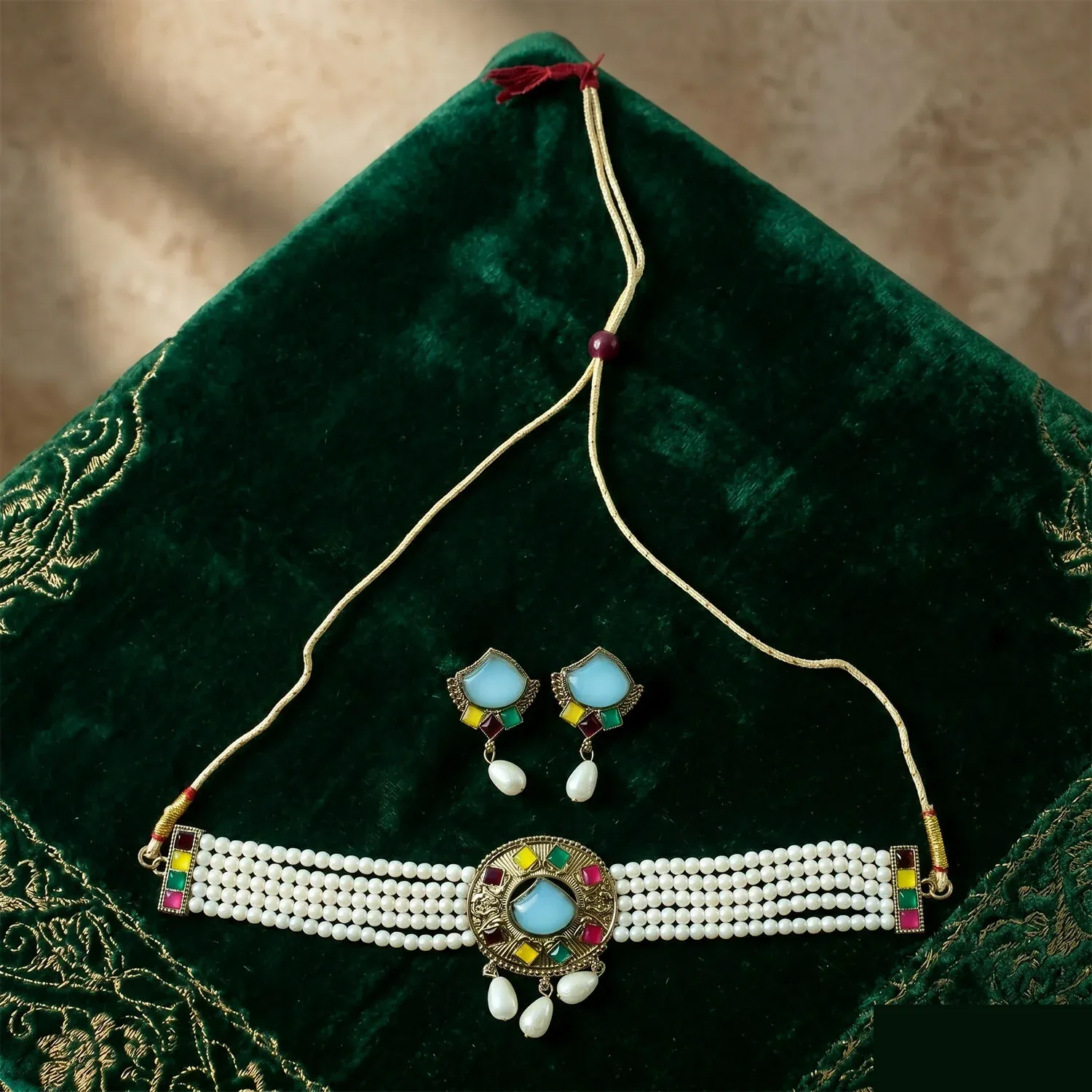 Traditional Sky Blue Stone Pearl Choker Necklace Set with Earrings for Women - Detailed Feature View 3