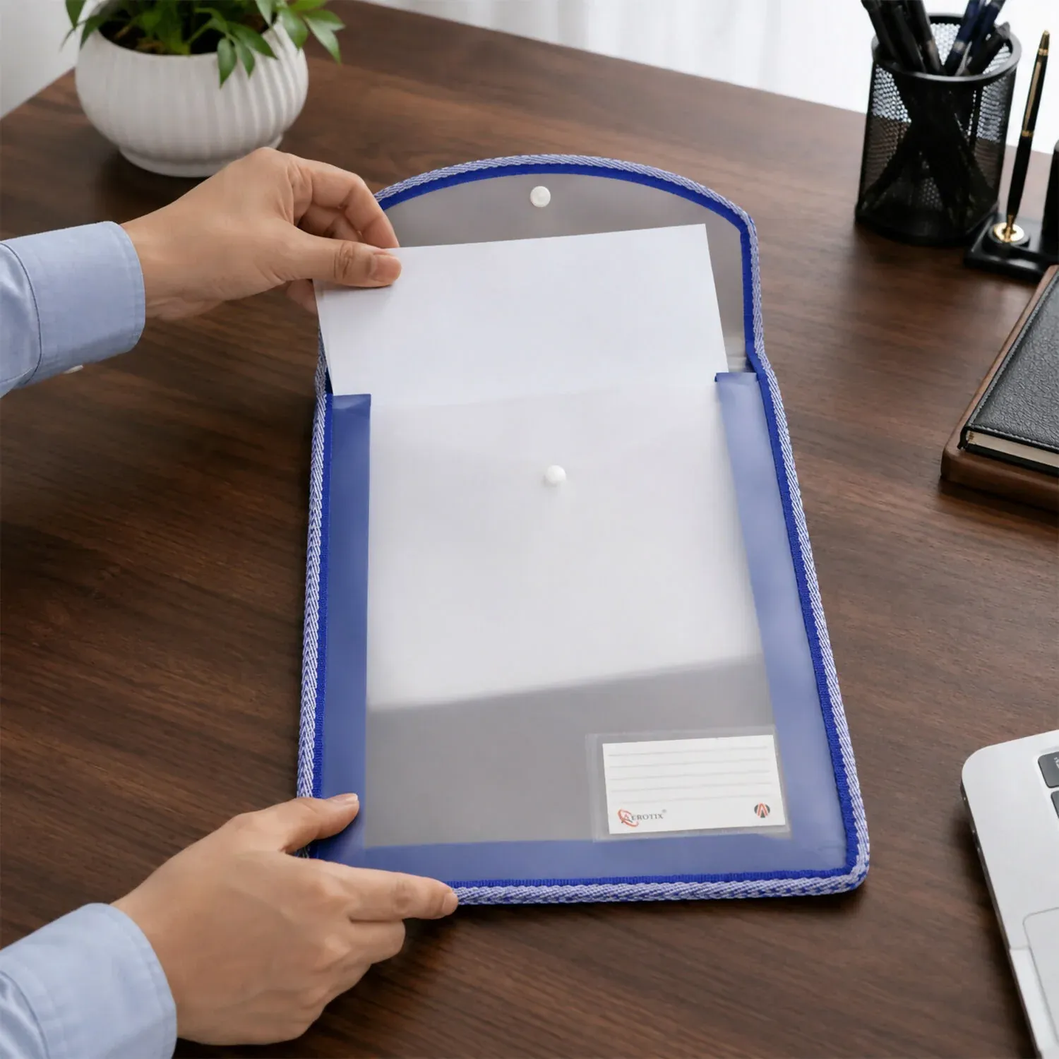 Premium Stitched Border Document Folder A4 Size with Button Lock & Label Holder - Detailed Feature View 1