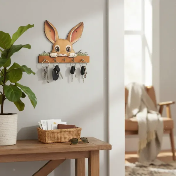 Cute Bunny Wooden Wall Key Holder – 5 Hooks for Easy Organization