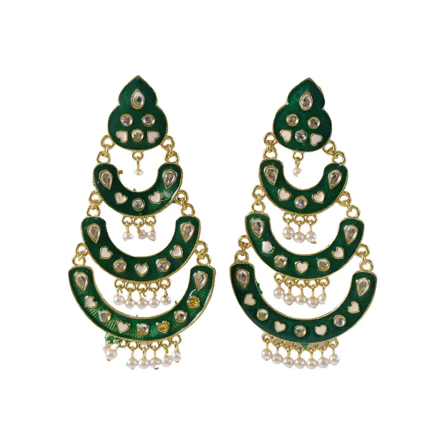 Green Layered Chandbali Earrings with Pearls for Women - Detailed Feature View 3