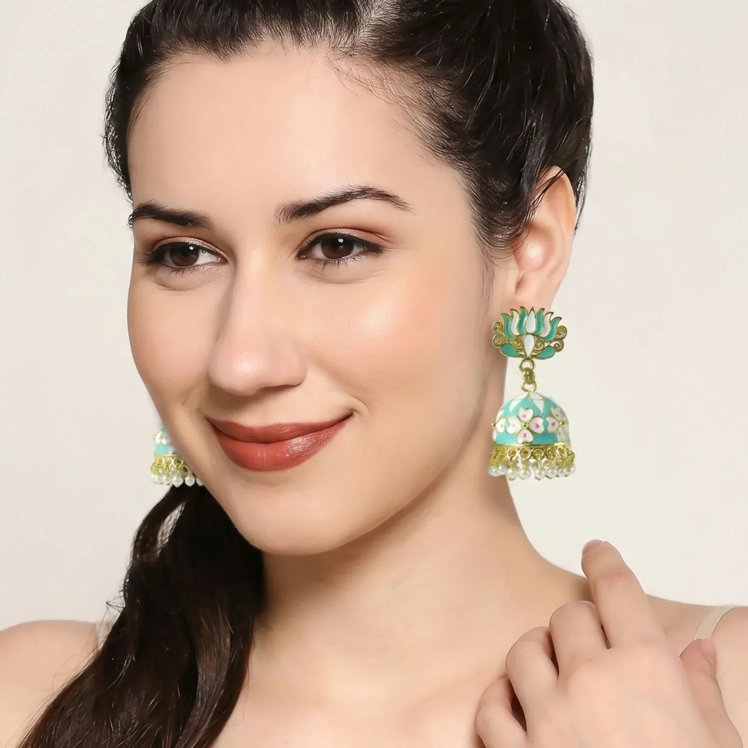 Sea Pista Lotus Jhumka Earrings with Pearl Hanging for Women - Detailed Feature View 4