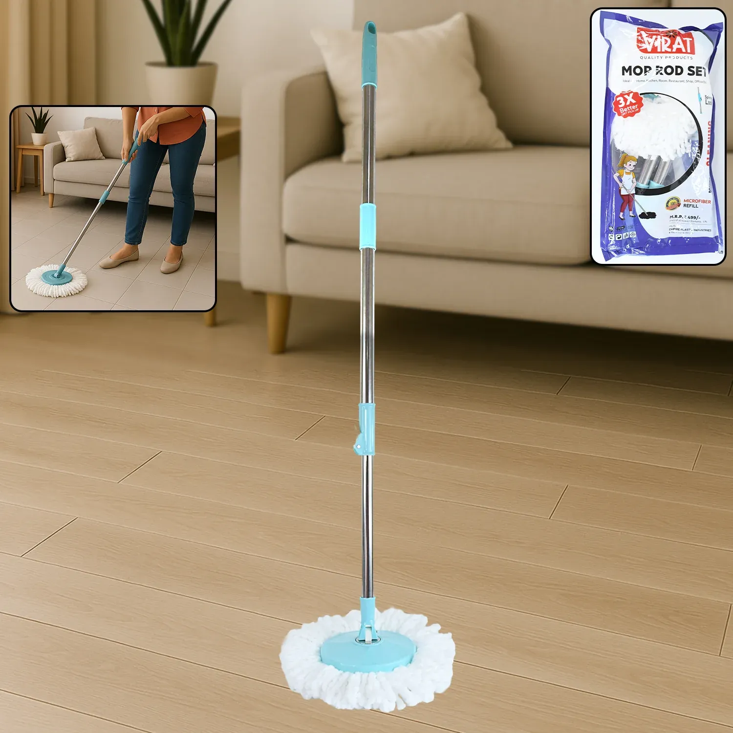 Premium Stainless Steel Mop Rod – Adjustable 120 cm with Microfiber Head - Buy Online at Alikart