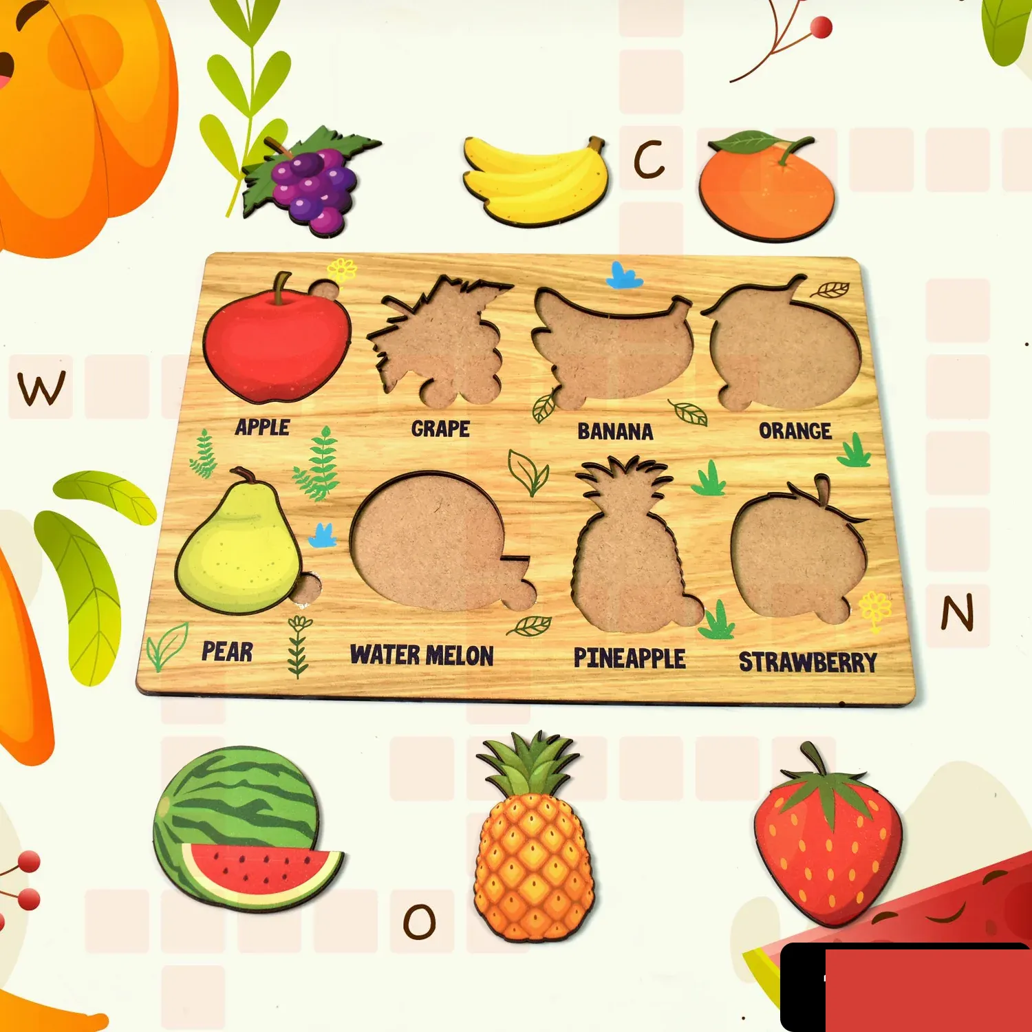 Wooden Fruit Puzzle – Toddler Learning Board | Inventive Play - Detailed Feature View 1