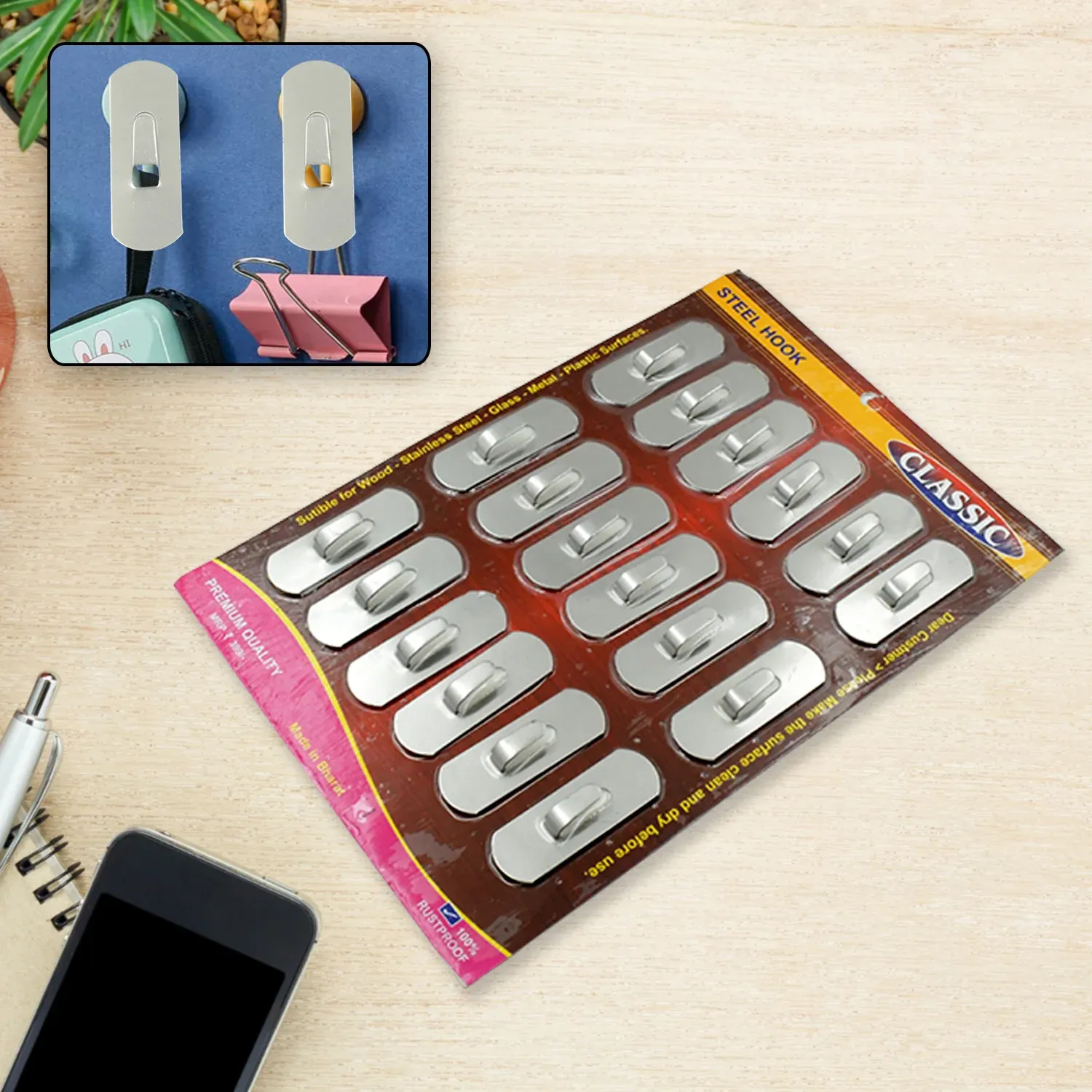 Stainless Steel Wall Hooks – 18 Pc Self-Adhesive Set | GlimmerHome - Detailed Feature View 3